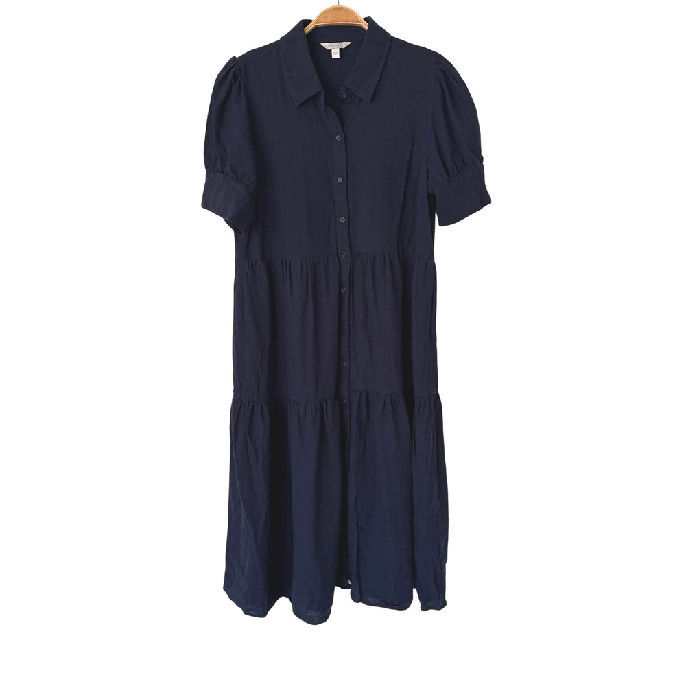 Crown & Ivy Womens Navy Blue Tiered Button Down Puff Sleeve Midi Shirt Dress L